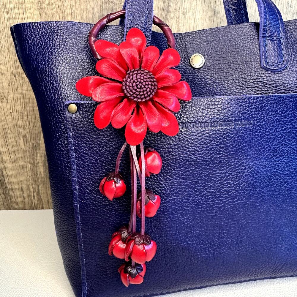 Leather Flower Purse Charm Genuine Leather Red Gerbera Daisy Bag Charm FAST SHIP